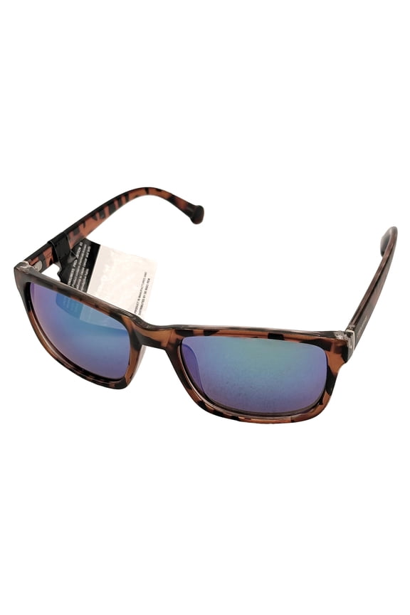 Mens Sunglass Rectangle Matte Tortoise Plastic Blue Mirror Lens H056