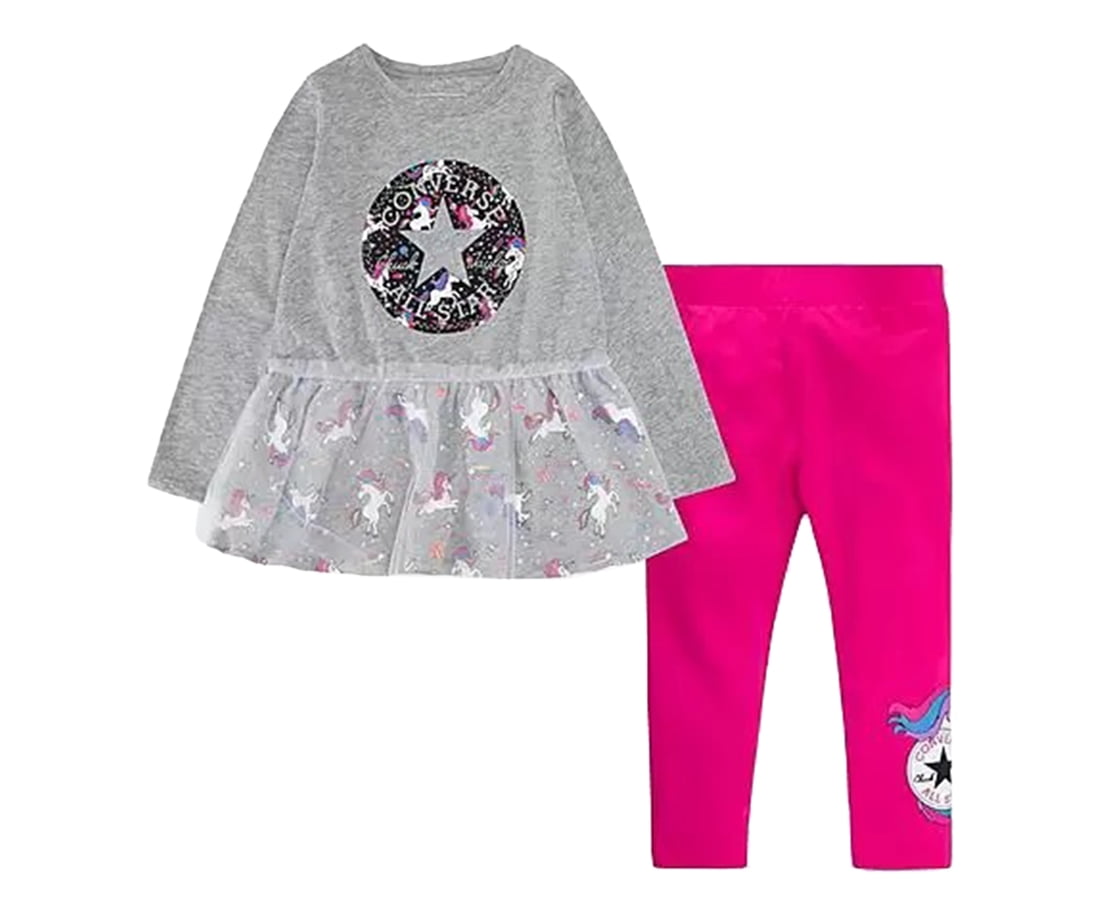 Converse Unicorn Ruffle Tunic And Leggings Set Baby Girls Clothing Set Size 4T, Color: Grey/Black