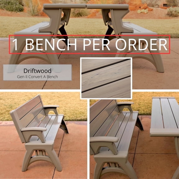 Convert a Bench 60" Outdoor / Vinyl Patio Bench Picnic Table, Driftwood, Generation II