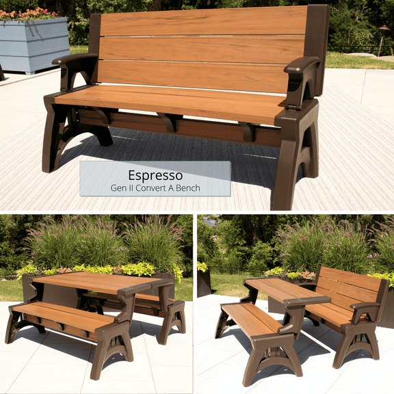 Convert a Bench 60" Outdoor / Vinyl Patio Bench Picnic Table, Espresso, Generation II