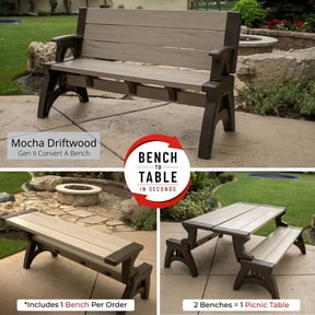 Convert a Bench Gen 2 60" Outdoor / Vinyl Patio Bench Picnic Table, Mocha Driftwood, 1 Bench – Buy 2 for complete table
