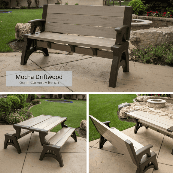 Convert a Bench 60" Outdoor / Vinyl Patio Bench Picnic Table, Mocha Driftwood, Generation II