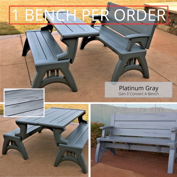 Convert a Bench 60" Outdoor / Vinyl Patio Bench Picnic Table, Platinum Gray, Generation II