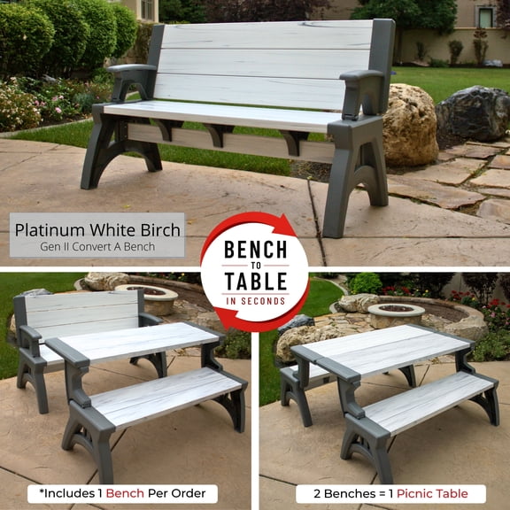 Convert a Bench Gen 2 60" Outdoor / Vinyl Patio Bench Picnic Table, Platinum White Birch, 1 Bench – Buy 2 for complete table