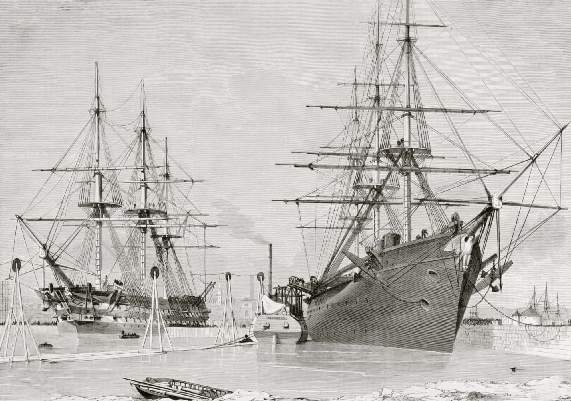 The Converted Warships Hms Agamemnon And Uss Niagara Taking Aboard Cable To Lay For The Transatlantic Telegraph From Lunivers Illustre Published Paris 1858 Canvas Art - Ken Welsh Design Pics (34 x 24