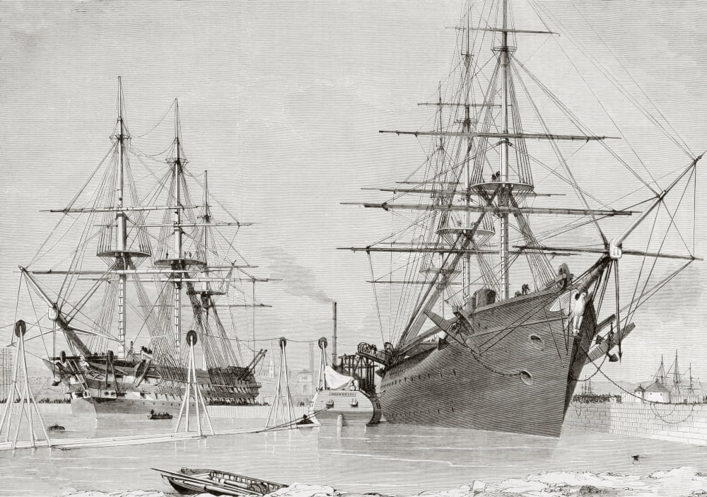 The Converted Warships Hms Agamemnon And Uss Niagara Taking Aboard Cable To Lay For The Transatlantic Telegraph From Lunivers Illustre Published Paris 1858 Canvas Art - Ken Welsh Design Pics (17 x 12