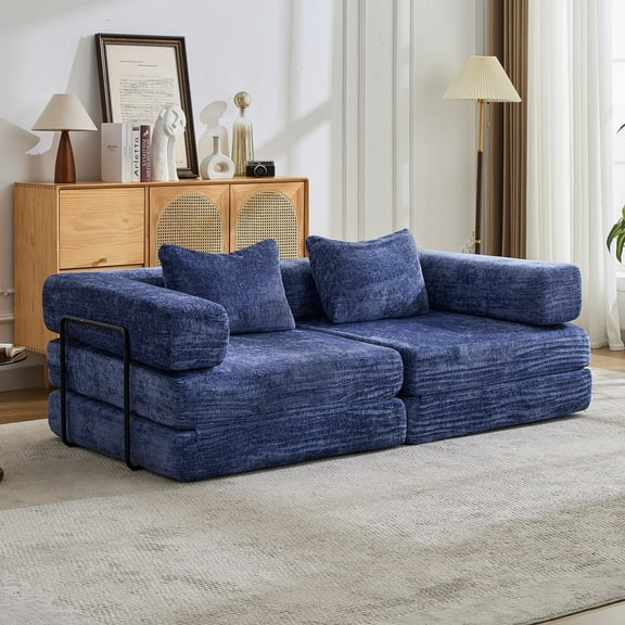 Kcpolre Convertible 2-Seater Floor Sofa Bed, No Assembly Required, Fixed Frame Chenille Fabric with Memory Foam & Pocket Spring, Free Combination for Living Room, 600lbs Capacity, Navy Blue