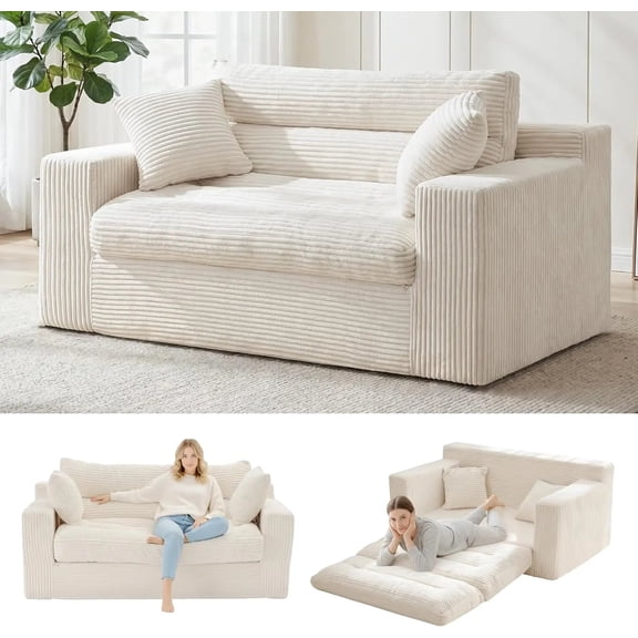 Convertible 2-Seater Sofa Bed Pull-Out Folding Loveseat (Beige)