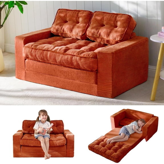Convertible 2-in-1 Sofa Bed for Kids – Foldable Floor Lounger Chair with Pillows, Pull Out Couch for Playroom, Bedroom & Living Room (Orange)