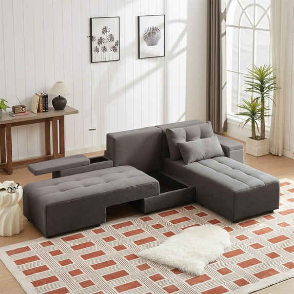 Convertible 3 in 1 Sleeper Sofa Bed with 4 Storage Space, King Size Pull Out Bed, L-Shaped Modular Sectional Sofa 77"-111"Wide Sectional Couch with 4 Pillows, Loveseat Sofa Chaise for Living Room