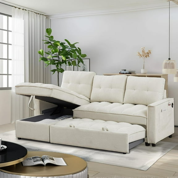 78.75" 3 seats L-Shaped Pull-Out Sleeper Sofa with Storage & USB Armrest for Small Spaces,Beige