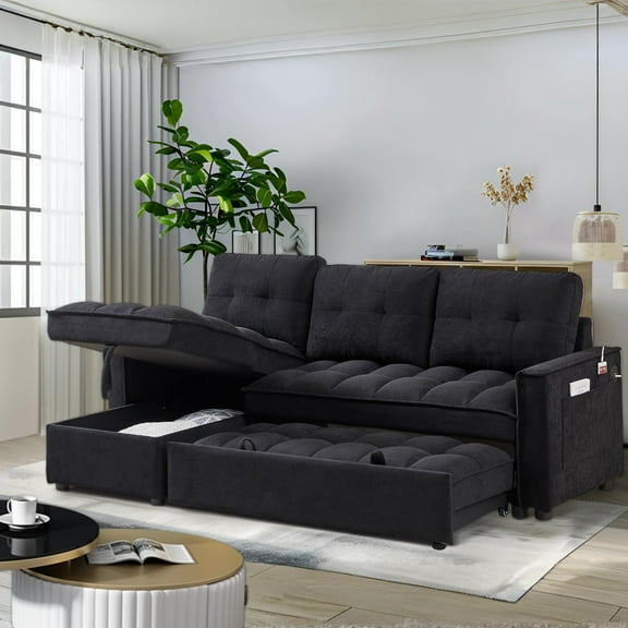 78.75" Convertible 3-Seater Sleeper Sofa with Pullout Bed, Storage Chaise, Black