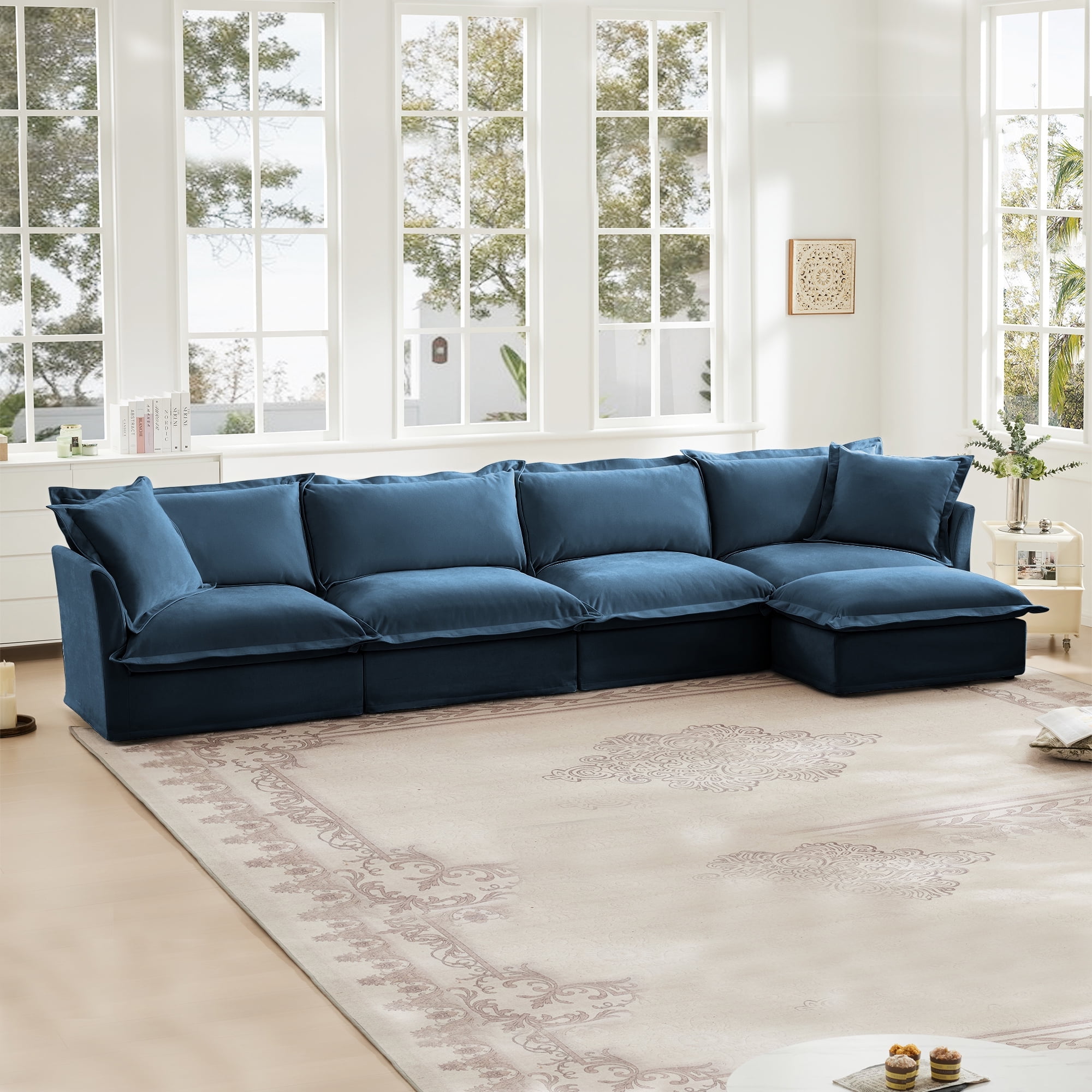 Convertible 4 Seater Deep Seat Sofa, Chenille Sectional Sofa Couch with ...