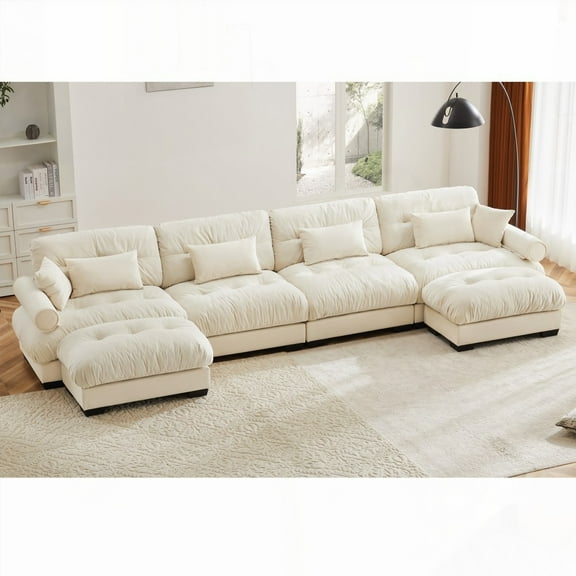 Convertible 4-Seater Modern Velvet Upholstered Corner Couch - Cream, Cloud-Like Cushions & Flexible
