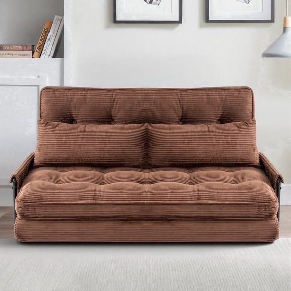 Convertible 5-Position Foldable Lazy Sofa Sleeper Bed with Armrest,Adjustable Floor Sofa Couch with 2 Pillows,Fold Out Floor Couch,Brown