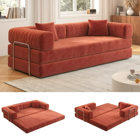 Convertible 78.8" Sleeper Sofa: Space-Saving Modular Design for Small Spaces & Living Rooms. Includes Two Pillows, Comfortable Orange Fabric.
