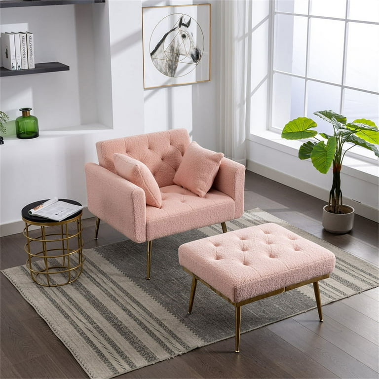 Convertible Accent Chair with Ottoman and 2 Pillows Modern Sherpa Upholstered Single Sofa Chair with Gold Metal Legs Button Tufted Living Room