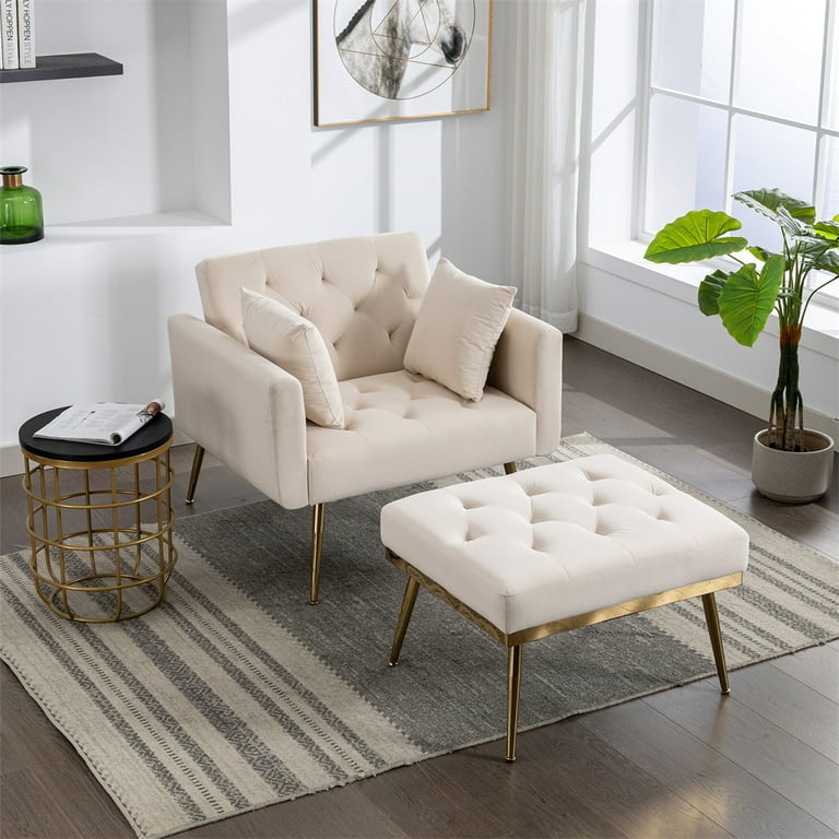 Convertible Accent Chair with Ottoman and 2 Pillows Modern Velvet Upholstered Single Sofa Chair with Gold Metal Legs Button Tufted Living Room