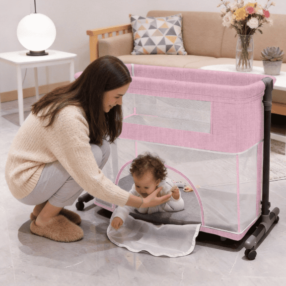 Convertible Baby  Bassinet &Baby Bedside Sleeper,NewBorn Rocking Crib and Playard Combo,Unisex,PINK