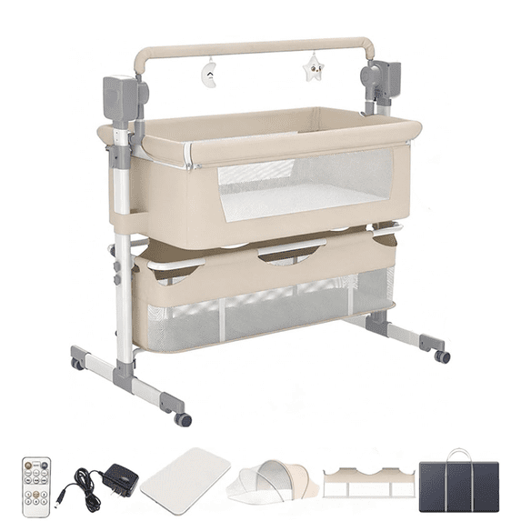 Convertible Baby Bassinet Electric Bedside Bassinet with Remote Control,Bluetooth, Adjustable Bassinet, Beige