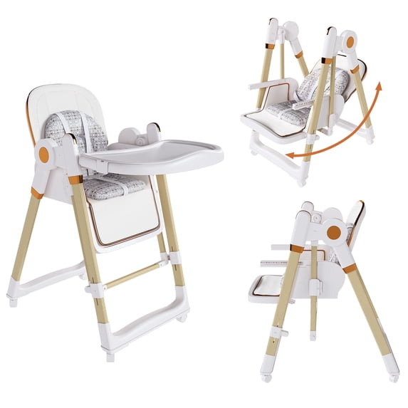 Convertible Baby High Chair to Rocker, Foldable Feeding Seat with 5-Point Harness, Silent Locking Wheels & Removable Tray for 6 Months-3 Years, White