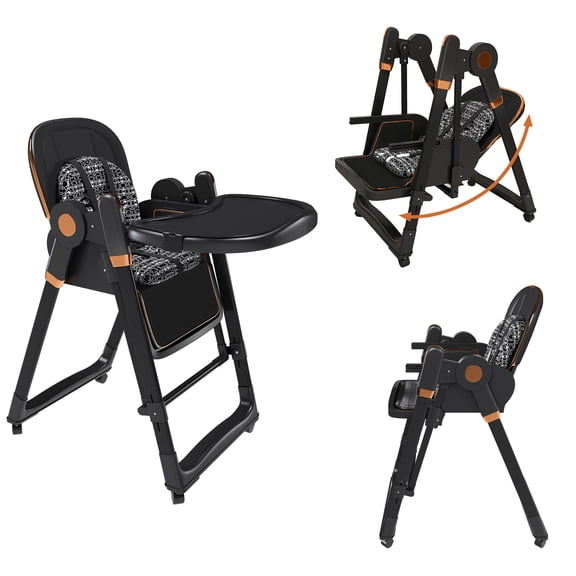 Convertible Baby High Chair, Foldable Infant Feeding Seat Converts to Rocker with 5 Point Harness, Silent Lock Wheels & Removable 2 Tier Easy Clean Tray for 6 Months to 3 Years
