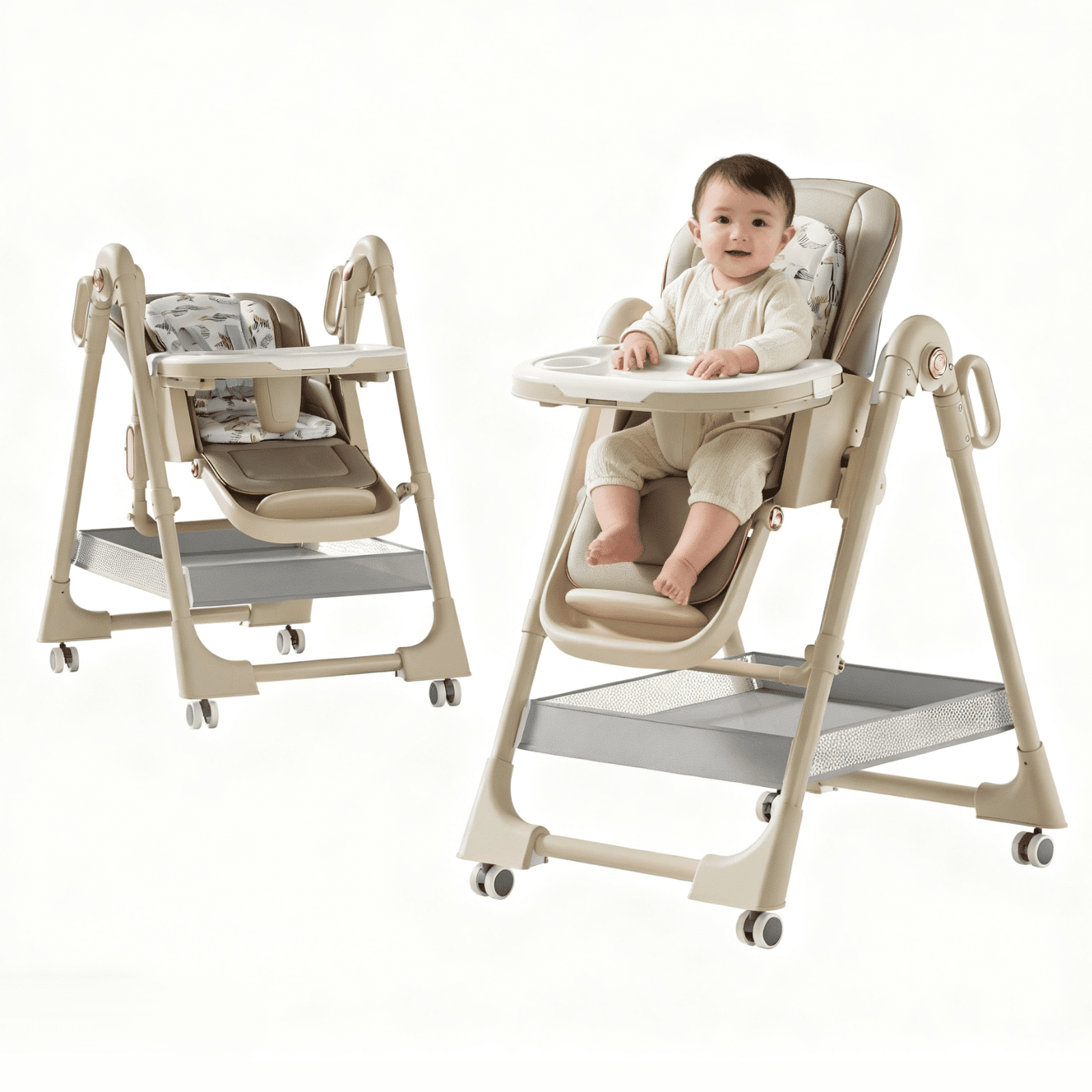 Convertible Baby High Chair Infant Feeding Chair Basic Chair Foldable Highchair with Wheels&Removable Tray,PU Leather,Adjustable Height for Babies and Toddlers,Unisex Brown