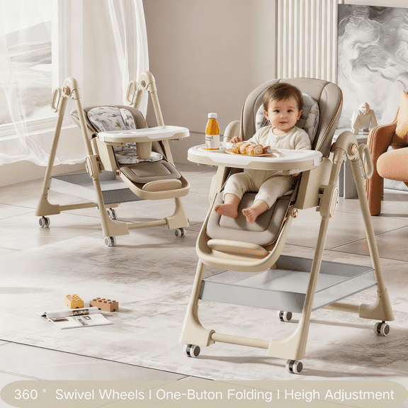 Convertible Baby High Chair Infant Feeding Chair Basic Chair Foldable Highchair with Wheels&Removable Tray,PU Leather,Adjustable Height for Babies and Toddlers,Unisex Brown