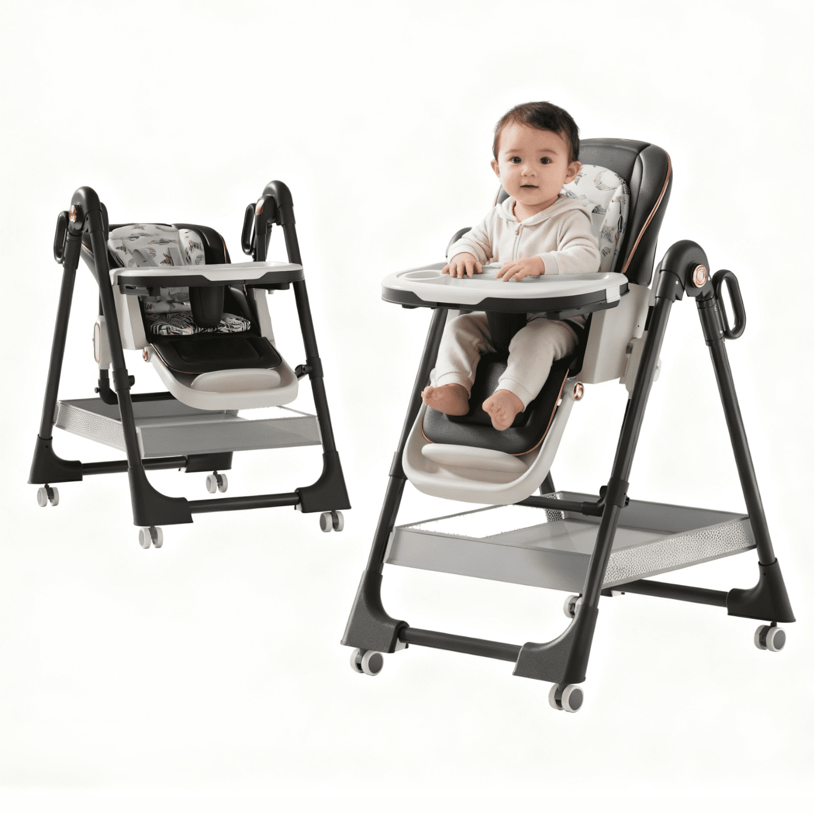 Convertible Baby High Chair Infant Feeding Chair Basic Chair Foldable Highchair with Wheels&Removable Tray,PU Leather,Adjustable Height, DEEPGREY for Babies and Toddlers