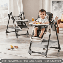 Convertible Baby High Chair Infant Feeding Chair Basic Chair Foldable Highchair with Wheels&Removable Tray,PU Leather,Adjustable Height, DEEPGREY for Babies and Toddlers