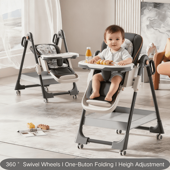 Convertible Baby High Chair Infant Feeding Chair Basic Chair Foldable Highchair with Wheels&Removable Tray,PU Leather,Adjustable Height, DEEPGREY for Babies and Toddlers