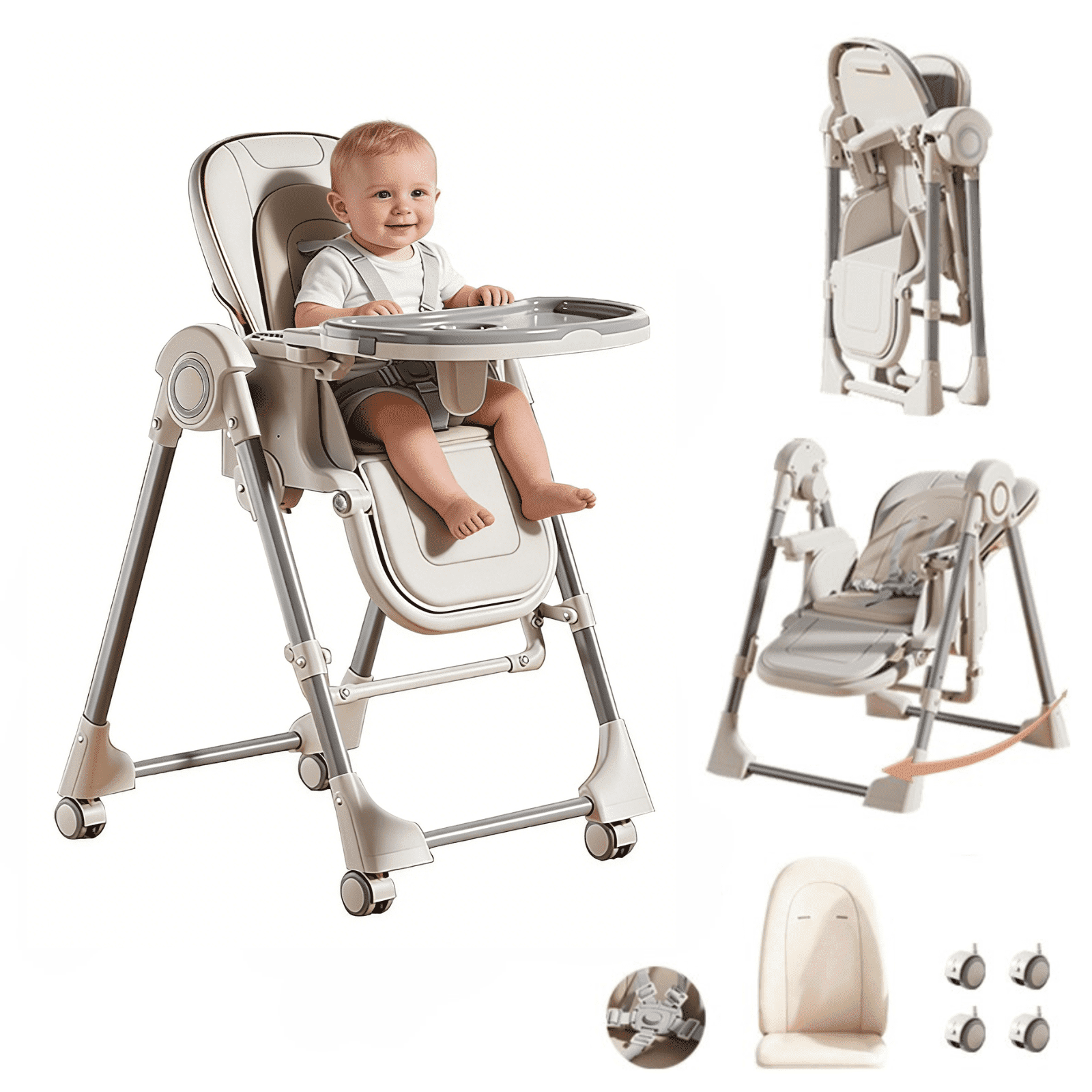 Convertible Baby High Chair Portable Baby Dining Chair & Baby Swing with PU Leather,Locked Wheels,for Babies to Toddlers,Unisex,White