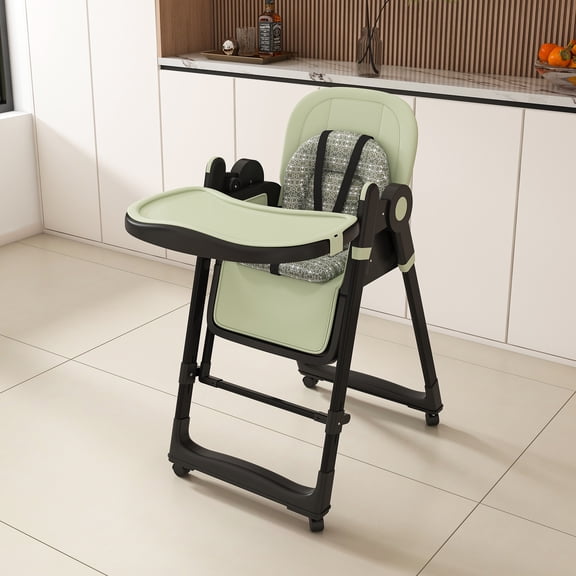 Convertible Baby High Chair to Rocker with 5-Point Harness, Foldable Infant Feeding Chair with Silent Locking Wheels & Removable 2-Tier Easy-Clean Tray,Green