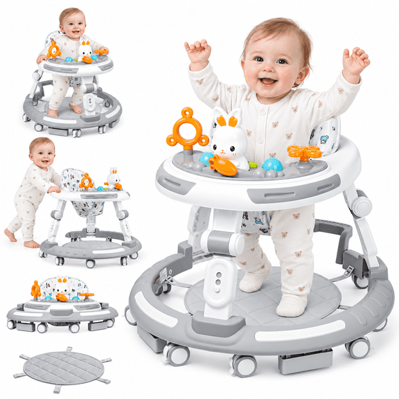 4 in 1 Baby Walker Foldable&Music,Height Adjustable Wheels for Infant Babies,Foldable Push Walker for Boys & Girls