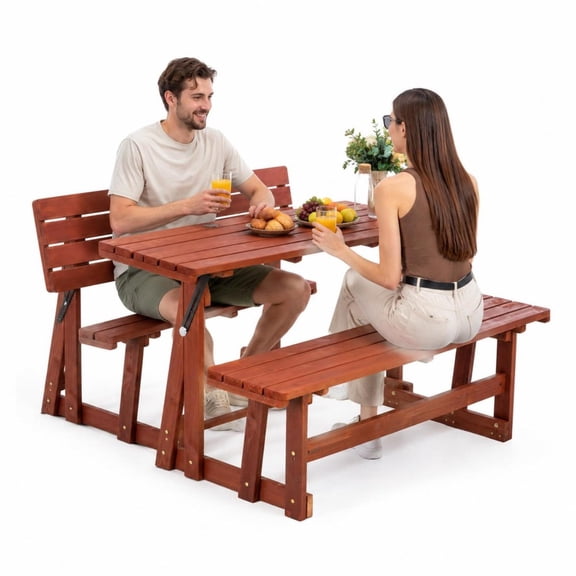 Convertible Bench Picnic Table, Outdoor Folding Dining Set with Backrest & Umbrella Hole, Solid Wood Waterproof & UV Resistant for Backyard, Patio, Garden, Park