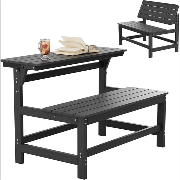 Convertible Bench Picnic Table, Weather Resistant HIPS Folding Yard Bench With Umbrella Hole, Space Saving Outdoor Patio Furniture For Backyard Garden Porch Park, Black