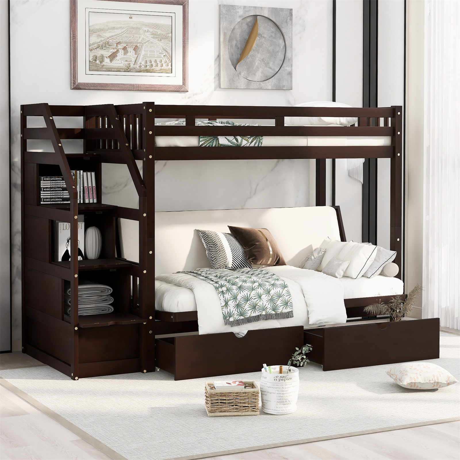 Convertible Bunk Bed with Two Drawers and Staircase, Twin over Full ...
