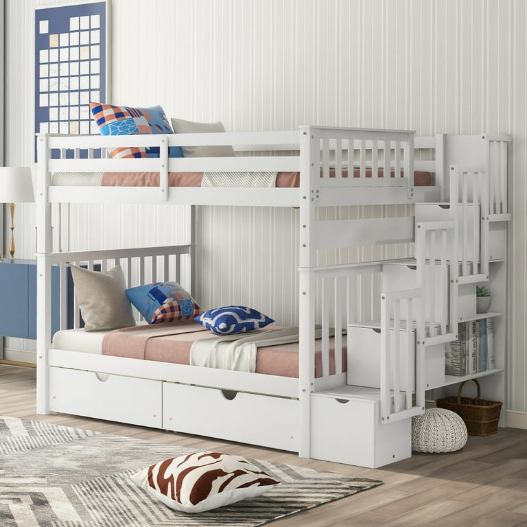 Convertible Bunk Beds with Storage Full over Full Wooden Bunk Bed Frame with 6 Drawers and 2 Tier Open Storage Shelves for Children Teens White