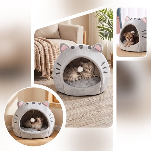 Convertible Cat Bed 2 in 1 Semi Enclosed Pet Bed All Seasons Warm Cozy Cat Ear Design for Indoor Cats Small Dogs Sleeping Hideout(S)