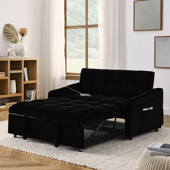 Convertible Chair Bed, 3 in 1 Convertible Sofa Bed Sleeper Chair with Adjustable Backrest & Side Pokcets, Built-in USB Power Outlet, Pull Out Sofa Bed, Sofa Bed Couch Loveseat Sleeper, Black