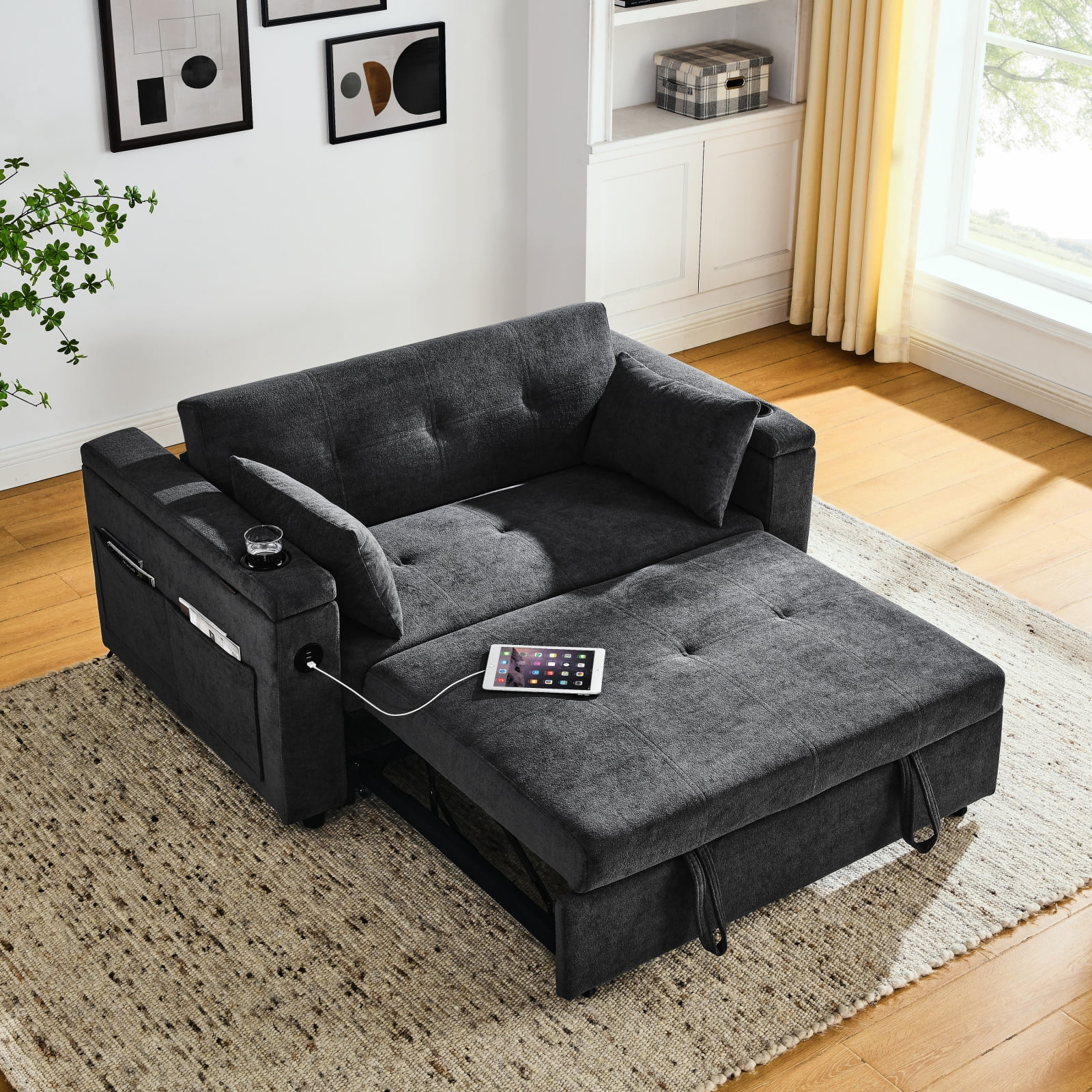 Convertible Chair Bed 3 in 1 Convertible Sofa Bed Sleeper Chair with Adjustable Backrest Side Pokcets Built in USB Power Outlet Cup Holder Pull