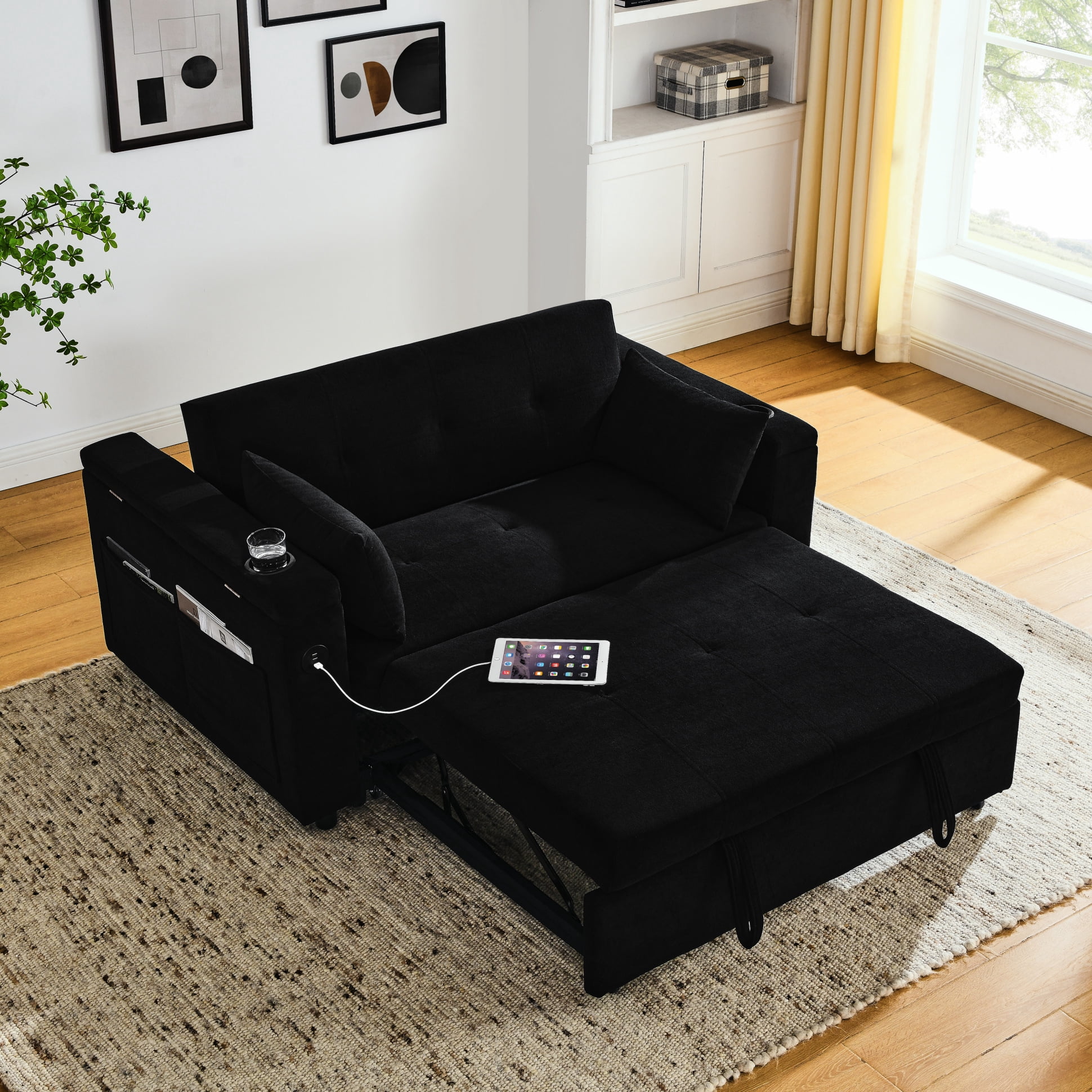 3 in 1 Convertible Chair Bed with Adjustable Backrest & Side Pockets ...