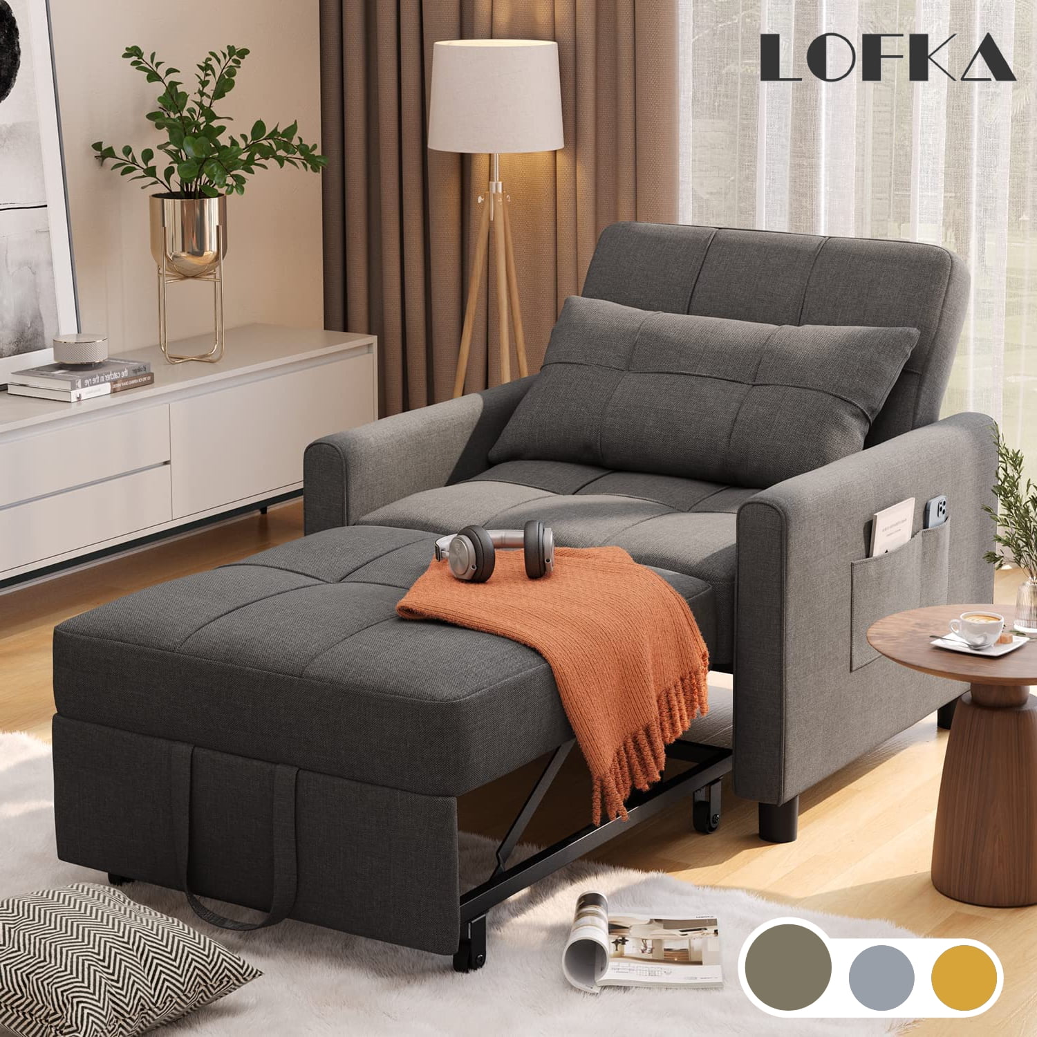 Convertible Chair Bed 3 in 1, Lofka Sleeper Sofa Bed with Adjustable  Backrest for Office & Bedroom, Dark Gray