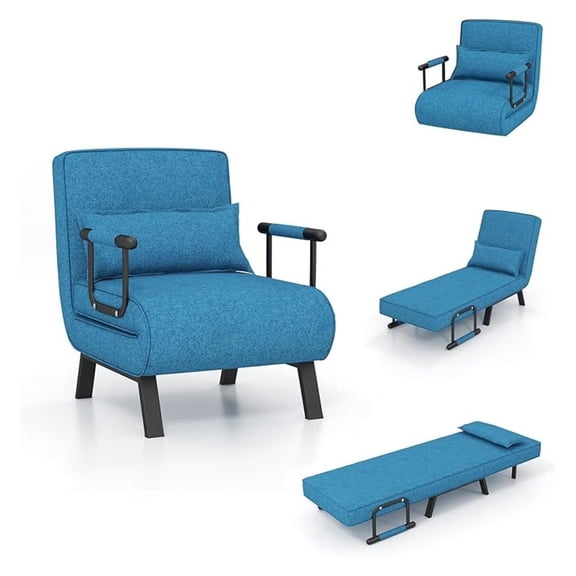 Convertible Chair Bed, 4 in 1 Living Room Reading Chair with Pillow, Wide Cushion, Arm and Adjustable 5 Position Backrest Single Sofa Bed, Blue