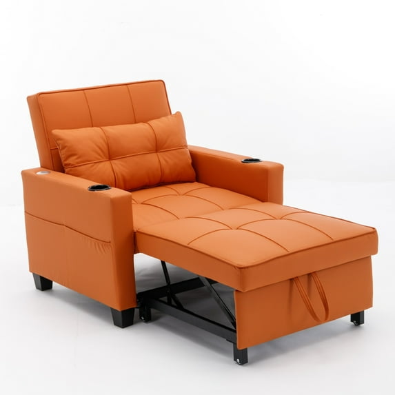 Triple Tree Convertible Chair Bed with USB Ports and Cup Holders, Orange Leather