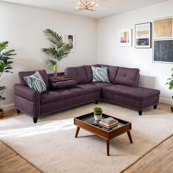 L-Shaped Linen Sectional Sofa with Chaise & Storage Tufted Sofa Couch Set for Living Room, Amaranth