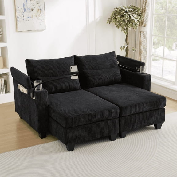 Convertible Chaise Lounge 63" Loveseat Sofa Sofa Bed Corduroy Sleeper Sofa with USB Ports , Two Cup Holders, A Phone Holder and Ample Storage Space for Living Room and Bedroom, Black
