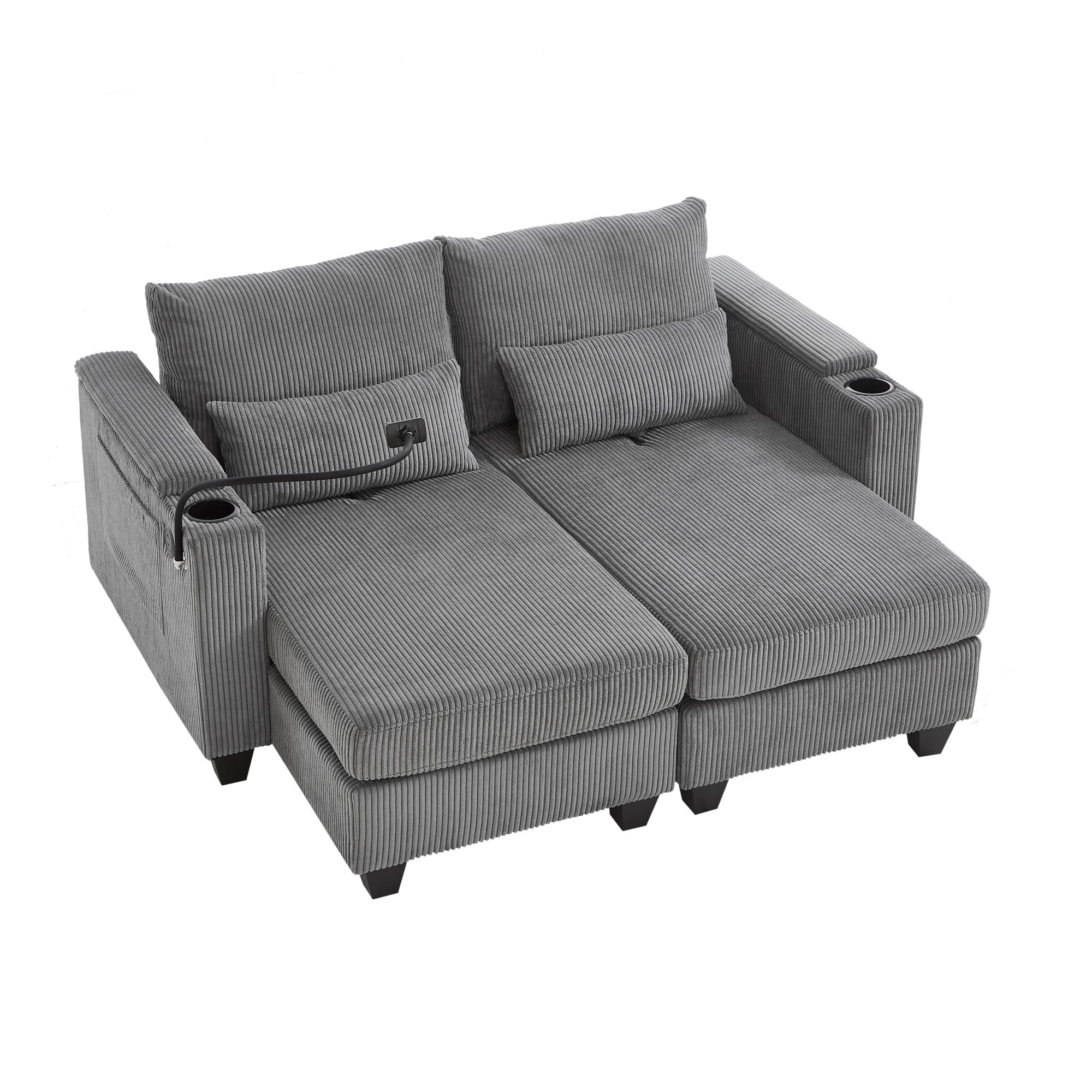 Convertible Chaise Lounge 63" Loveseat Sofa Sofa Bed Corduroy Sleeper Sofa with Usb Ports, Two Cup Holders, Phone Holder and Ample Storage Space for Living Room and Bedroom (Grey)