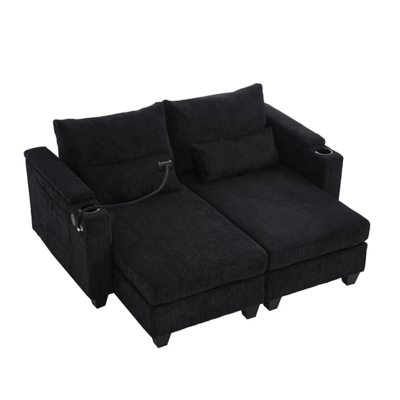Convertible Chaise Lounge 63" Loveseat Sofa Sofa Bed Corduroy Sleeper Sofa with Usb Ports, Two Cup Holders, Phone Holder and Ample Storage Space for Living Room and Bedroom (Black)