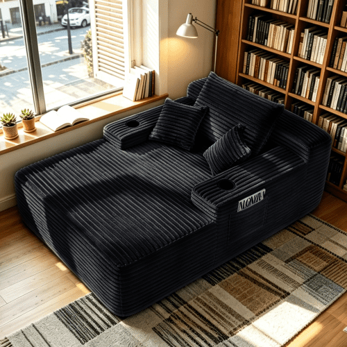 Convertible Chaise Lounge Chair Plush with Wide Armrest & Throw Pillows, Cozy Boneless Sleeper Sofa Bed Armchair, with cup holder,for Living Room, Bedroom, Black